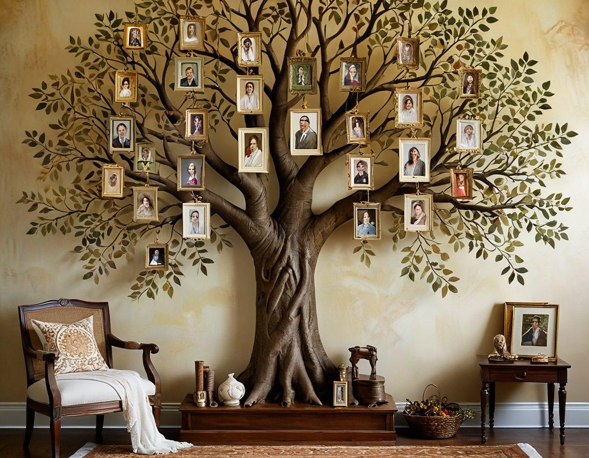 A beautifully intricate family tree intertwined with vibrant ancestral portraits, surrounded by ancient scrolls and heirloom trinkets that tell stories of the past. Ethereal light illuminates the scene, evoking a sense of nostalgia and discovery. Soft earth tones blend with hints of gold and green, symbolizing the richness of heritage. super-realistic. vibrant colors. artistic background.
