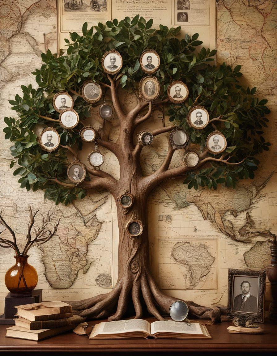 A beautifully detailed family tree with intricately woven branches, showcasing diverse ancestral portraits and historical documents, surrounded by vintage maps and artifacts. The background should evoke a sense of nostalgia with warm, earthy tones, symbolizing the journey of discovering one’s roots. Include elements like magnifying glasses and historical journals for a research vibe. super-realistic. warm colors. nostalgic. vintage style.