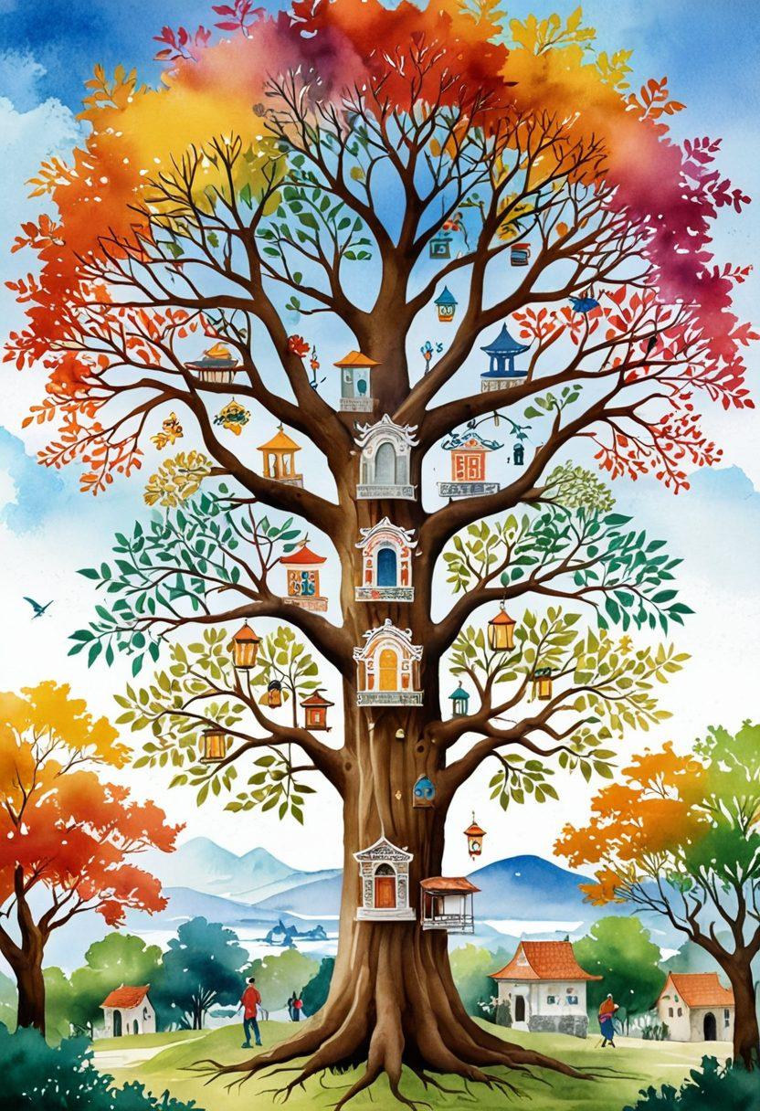 A beautifully illustrated family tree with vibrant branches, showcasing diverse cultural symbols from different heritages. In the background, a serene landscape merges ancient architecture with modern elements, symbolizing the passage of time and storytelling. Family members are depicted engaging in traditional activities, enhancing the narrative aspect. Soft, warm colors evoke a sense of nostalgia and connection. watercolor painting. vibrant colors.